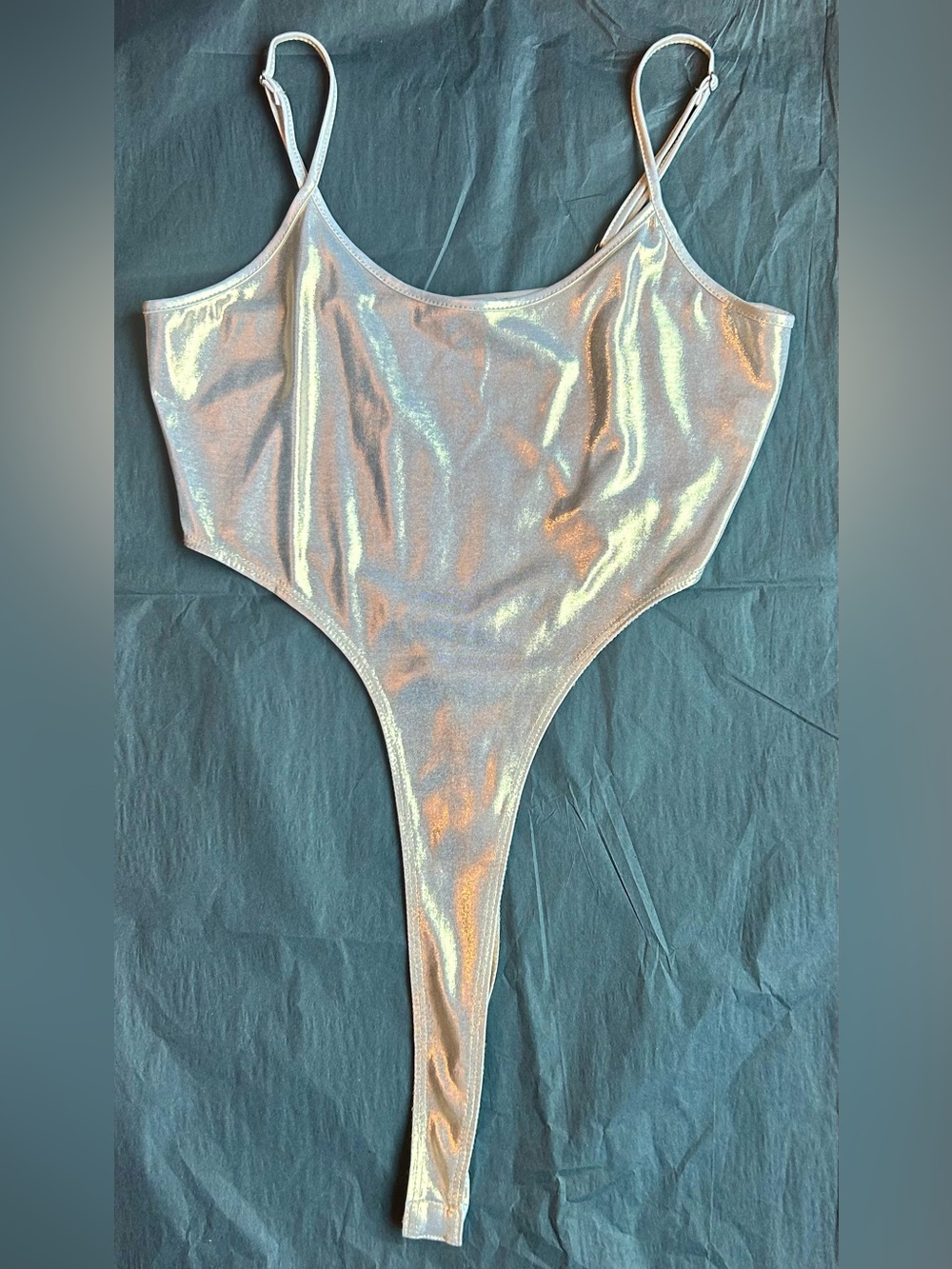 Fashion Nova Champagne Iridescent High-Cut Bodysuit